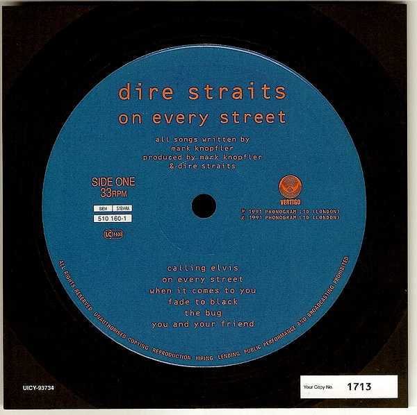 numbered label card, Dire Straits - On Every Street 
